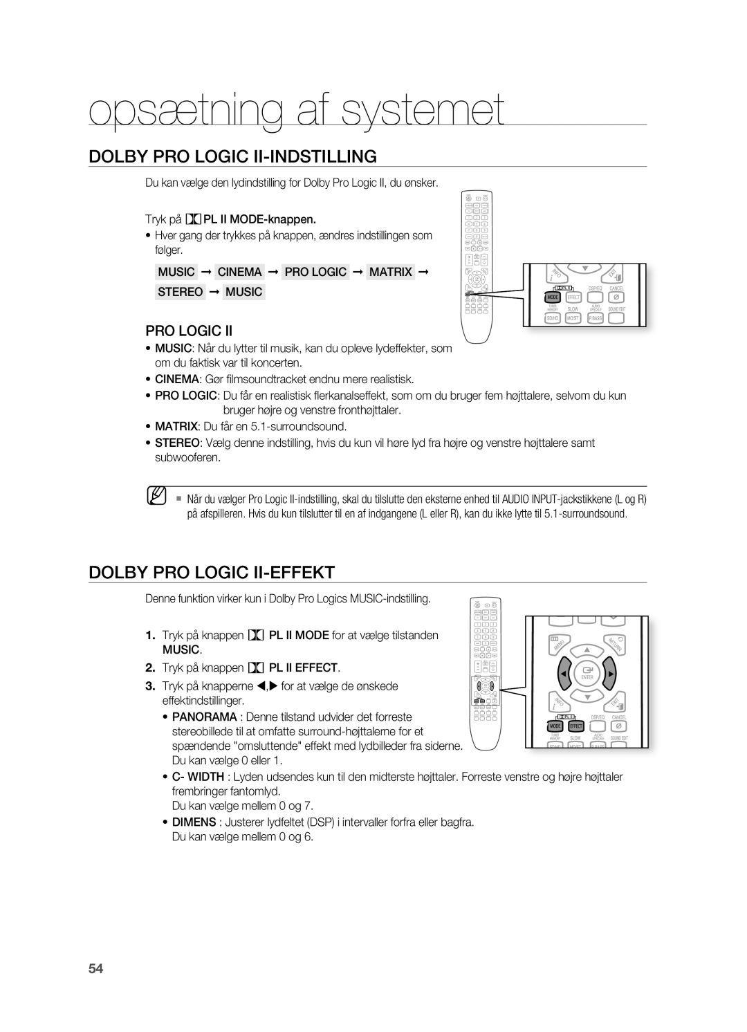 Samsung HT-TX725GT/XEE, HT-X725GT/XEE manual Dolby PRO Logic II-INDSTILLING, Dolby PRO Logic II-EFFEKT, Music 