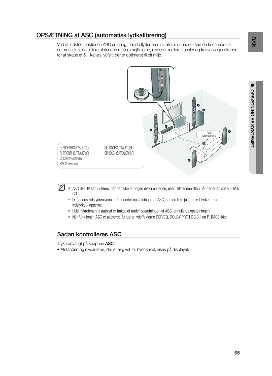 Samsung HT-X725GT/XEE, HT-TX725GT/XEE manual OPSæTNING af ASC automatisk lydkalibrering, Sådan kontrolleres ASC 