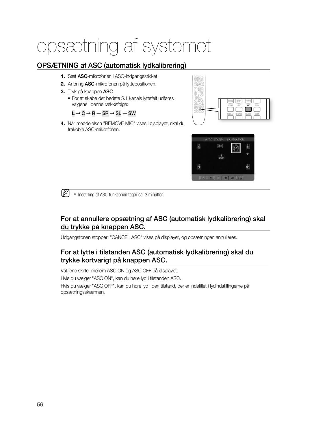 Samsung HT-TX725GT/XEE, HT-X725GT/XEE manual Opsætning af systemet 