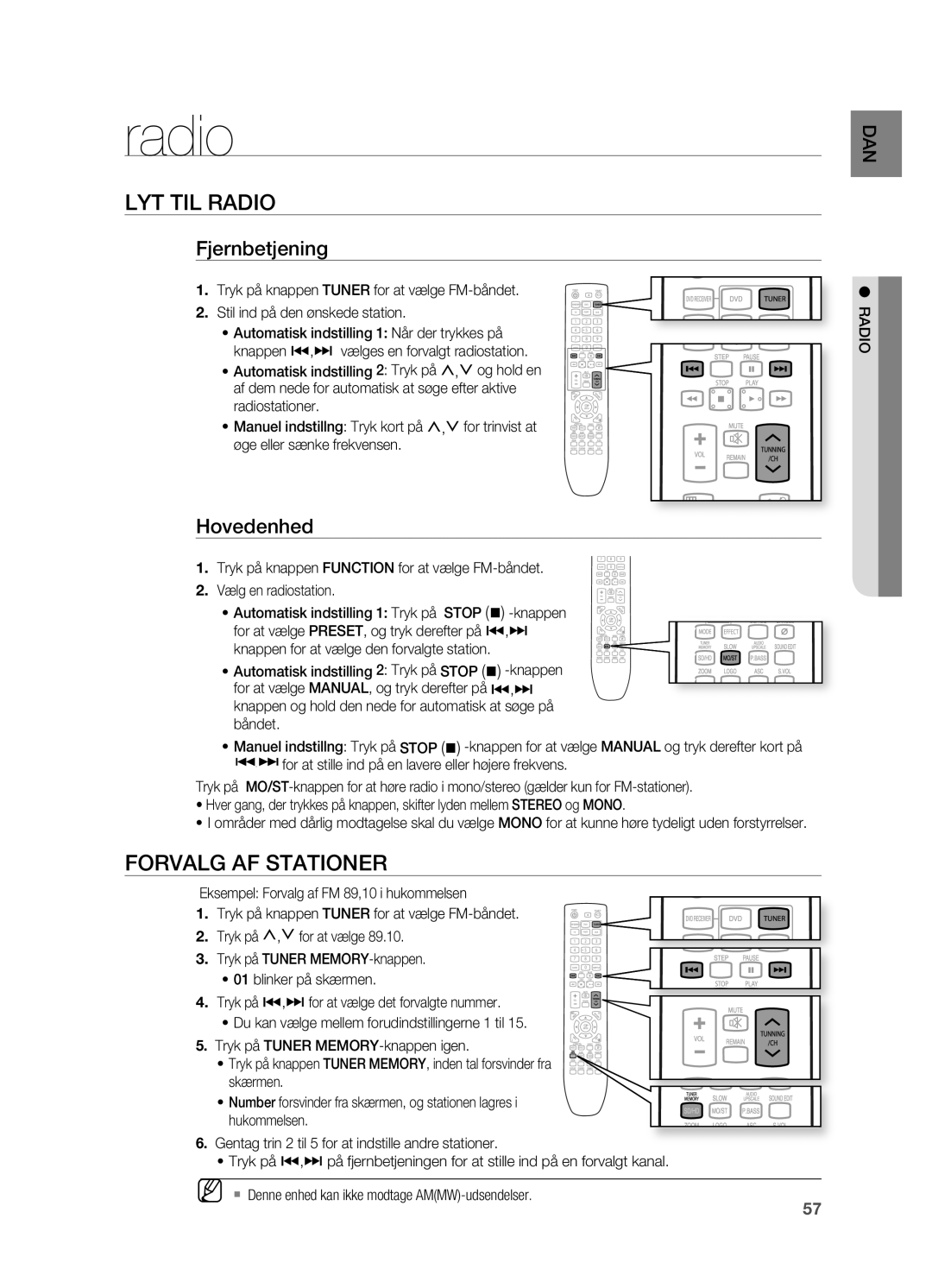 Samsung HT-X725GT/XEE, HT-TX725GT/XEE manual LYT TIL Radio, Forvalg AF Stationer, Fjernbetjening, Hovedenhed 