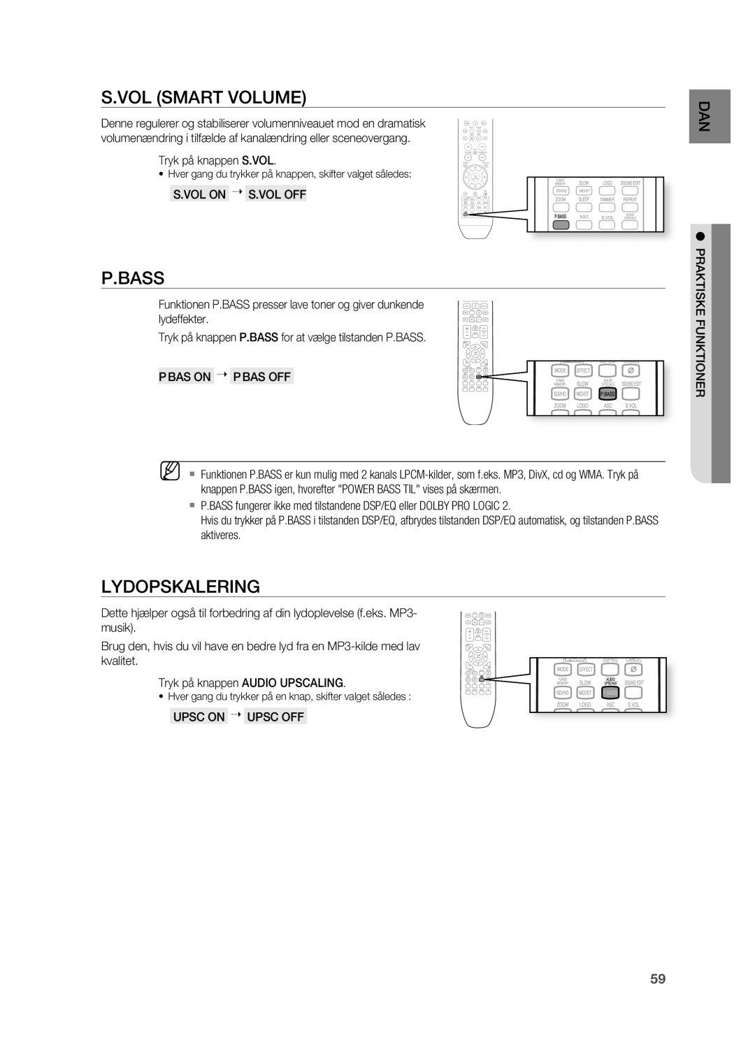 Samsung HT-X725GT/XEE, HT-TX725GT/XEE manual VOL Smart Volume, Bass, Lydopskalering 