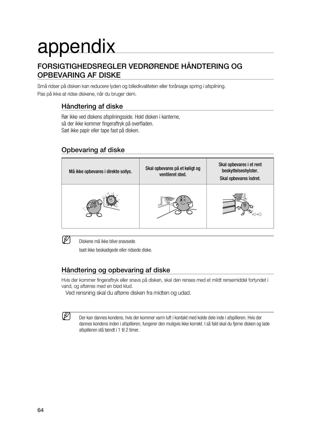 Samsung HT-TX725GT/XEE manual Appendix, Håndtering af diske, Opbevaring af diske, Håndtering og opbevaring af diske 