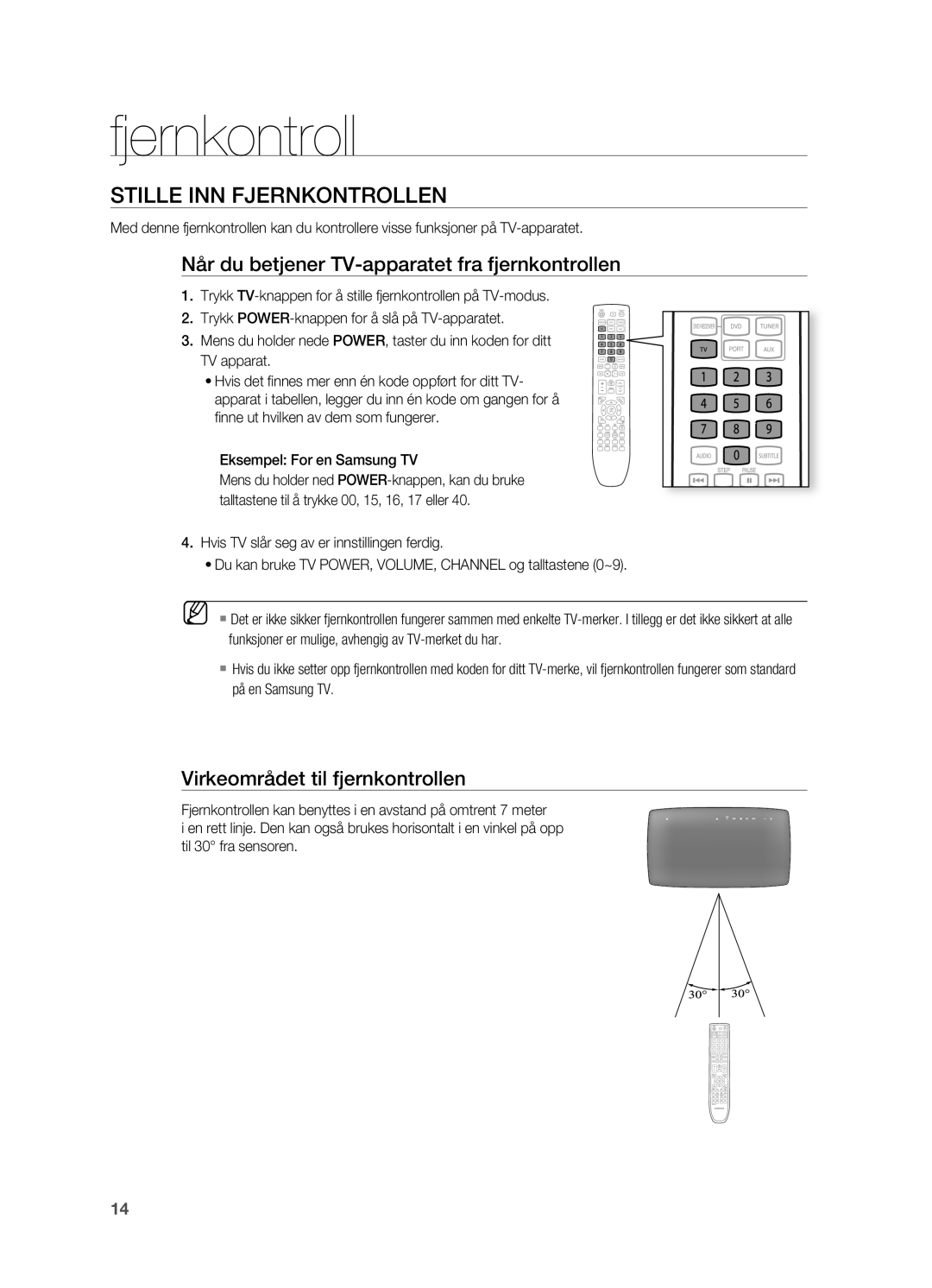 Samsung HT-TX725GT/XEE, HT-X725GT/XEE manual Stille INN fJERNKONTROLLEN, Når du betjener TV-apparatet fra fjernkontrollen 