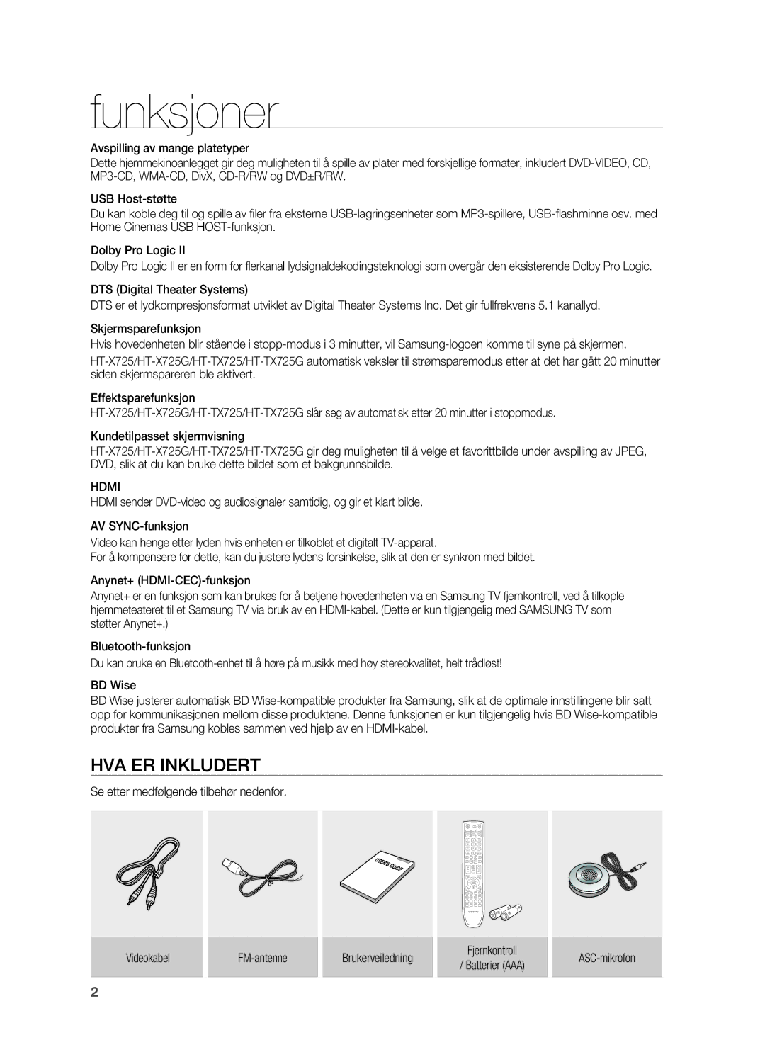 Samsung HT-TX725GT/XEE, HT-X725GT/XEE manual Funksjoner, Hdmi 