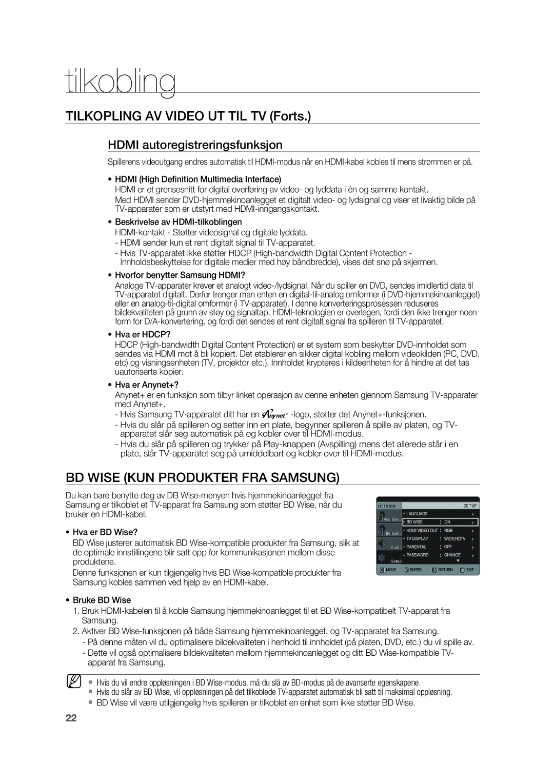 Samsung HT-TX725GT/XEE, HT-X725GT/XEE manual Tilkopling av Video ut til TV forts, BD Wise Kun produkter fra Samsung 