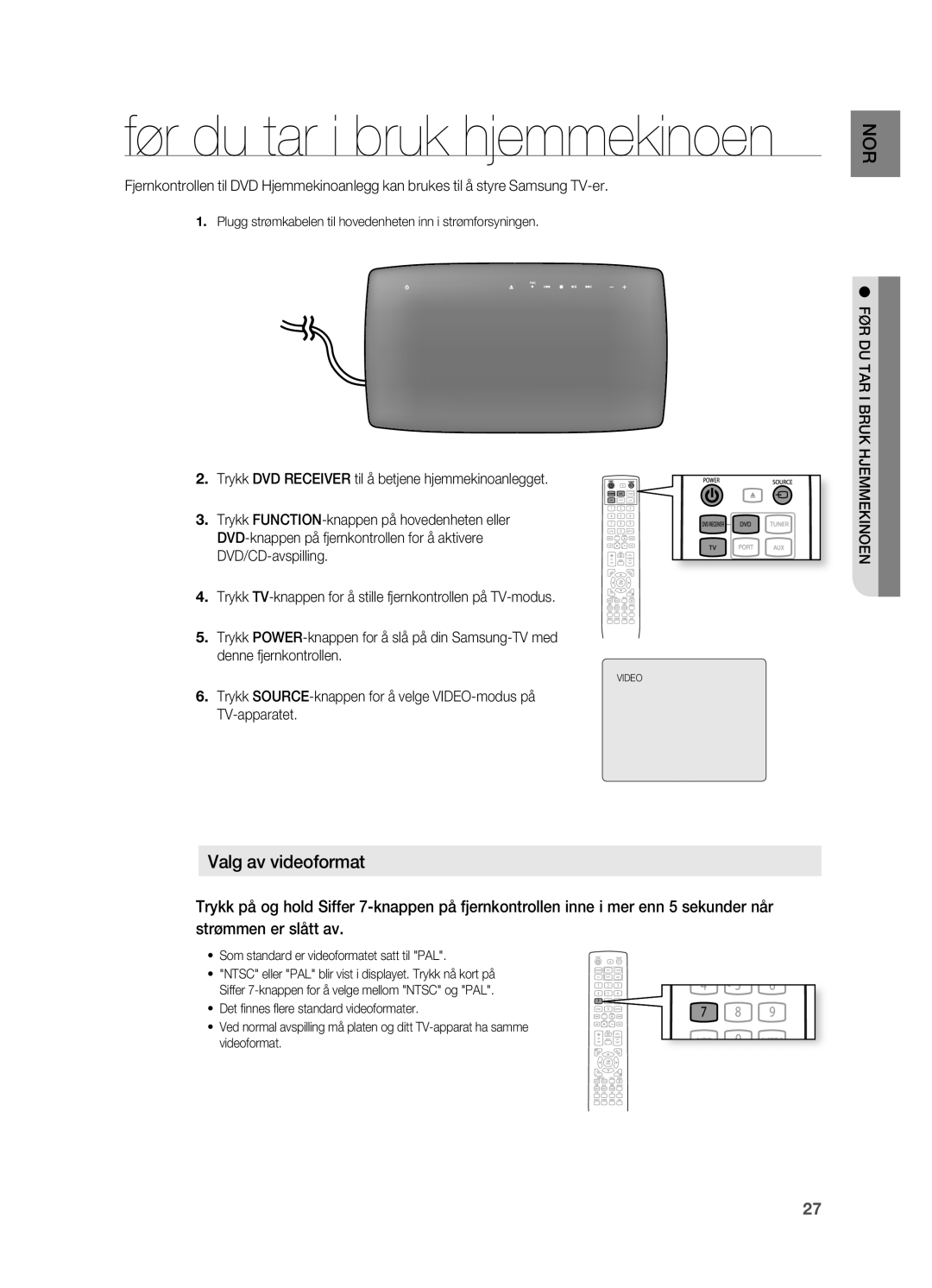 Samsung HT-X725GT/XEE, HT-TX725GT/XEE manual Før du tar i bruk hjemmekinoen 