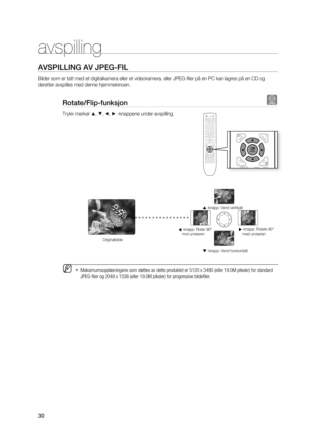 Samsung HT-TX725GT/XEE AVSPILLINg AV JPEg-fIL, Rotate/flip-funksjon, Trykk markør $, %, , + -knappene under avspilling 