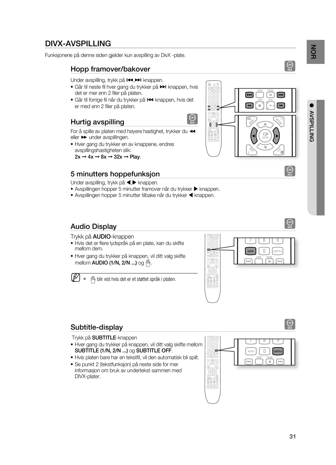 Samsung HT-X725GT/XEE, HT-TX725GT/XEE manual DIVX-AVSPILLINg 