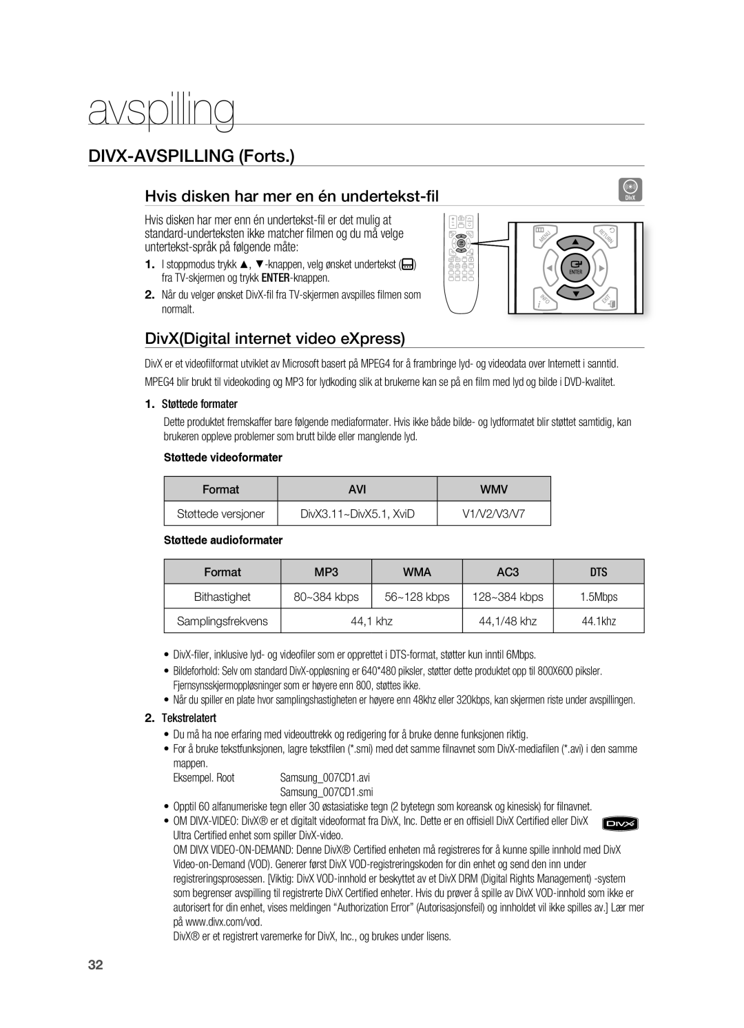 Samsung HT-TX725GT/XEE, HT-X725GT/XEE manual DIVX-AVSPILLINg forts, Hvis disken har mer en én undertekst-fi l 