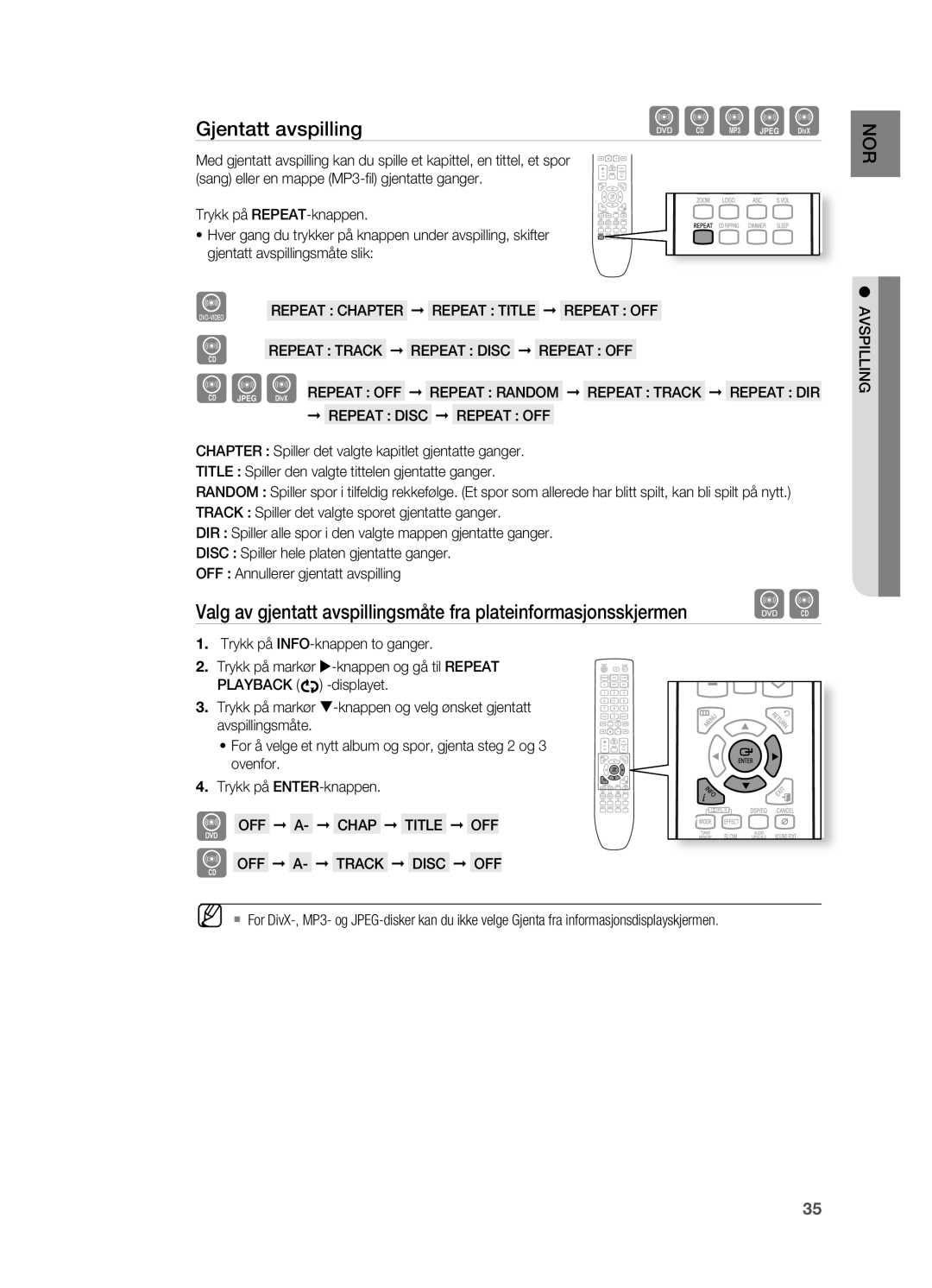 Samsung HT-X725GT/XEE manual Gjentatt avspilling, Repeat Off, BGD Repeat OFF Repeat Random Repeat Track Repeat DIR 