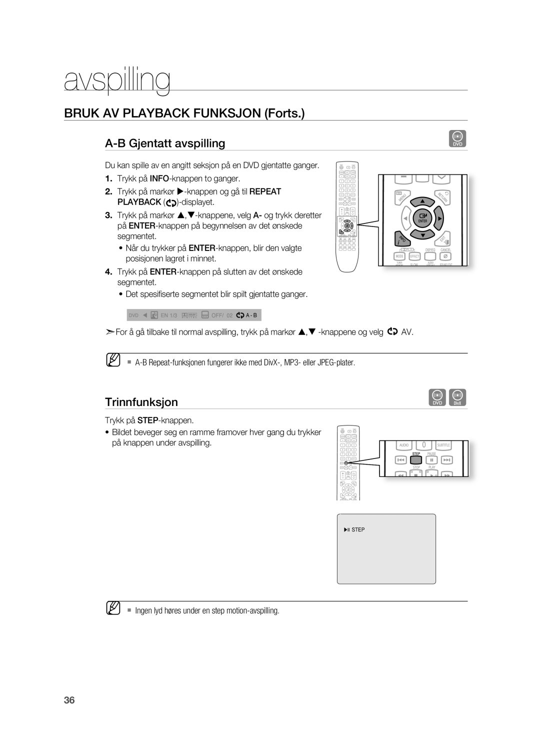 Samsung HT-TX725GT/XEE, HT-X725GT/XEE manual Trinnfunksjon 