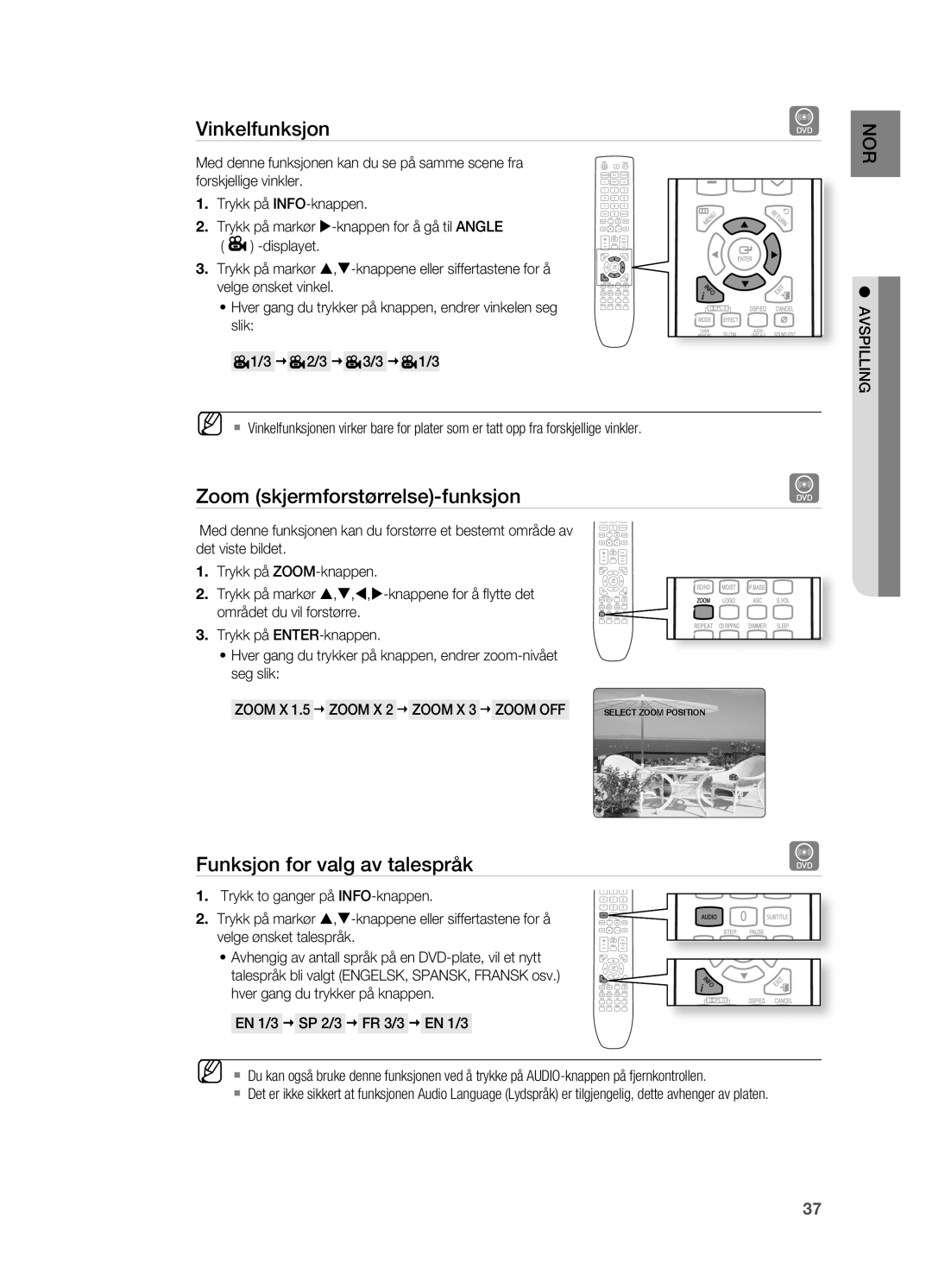 Samsung HT-X725GT/XEE, HT-TX725GT/XEE Vinkelfunksjon, Zoom skjermforstørrelse-funksjon, Funksjon for valg av talespråk 