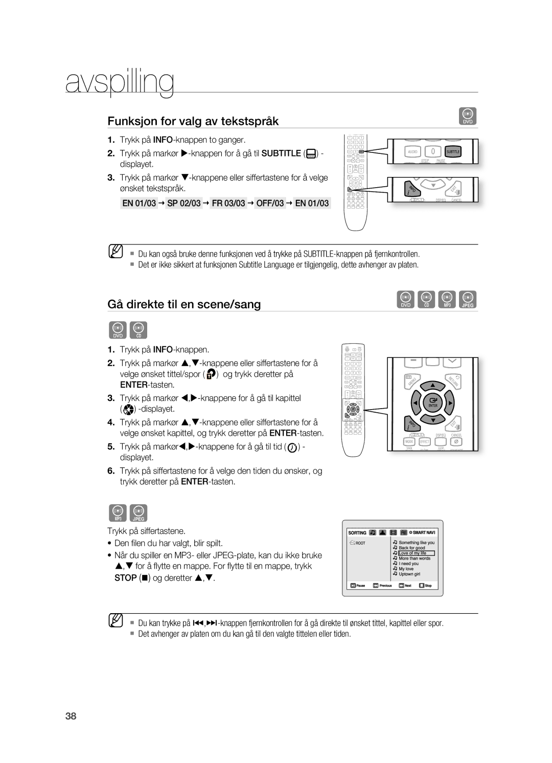 Samsung HT-TX725GT/XEE, HT-X725GT/XEE manual Funksjon for valg av tekstspråk, Gå direkte til en scene/sang 