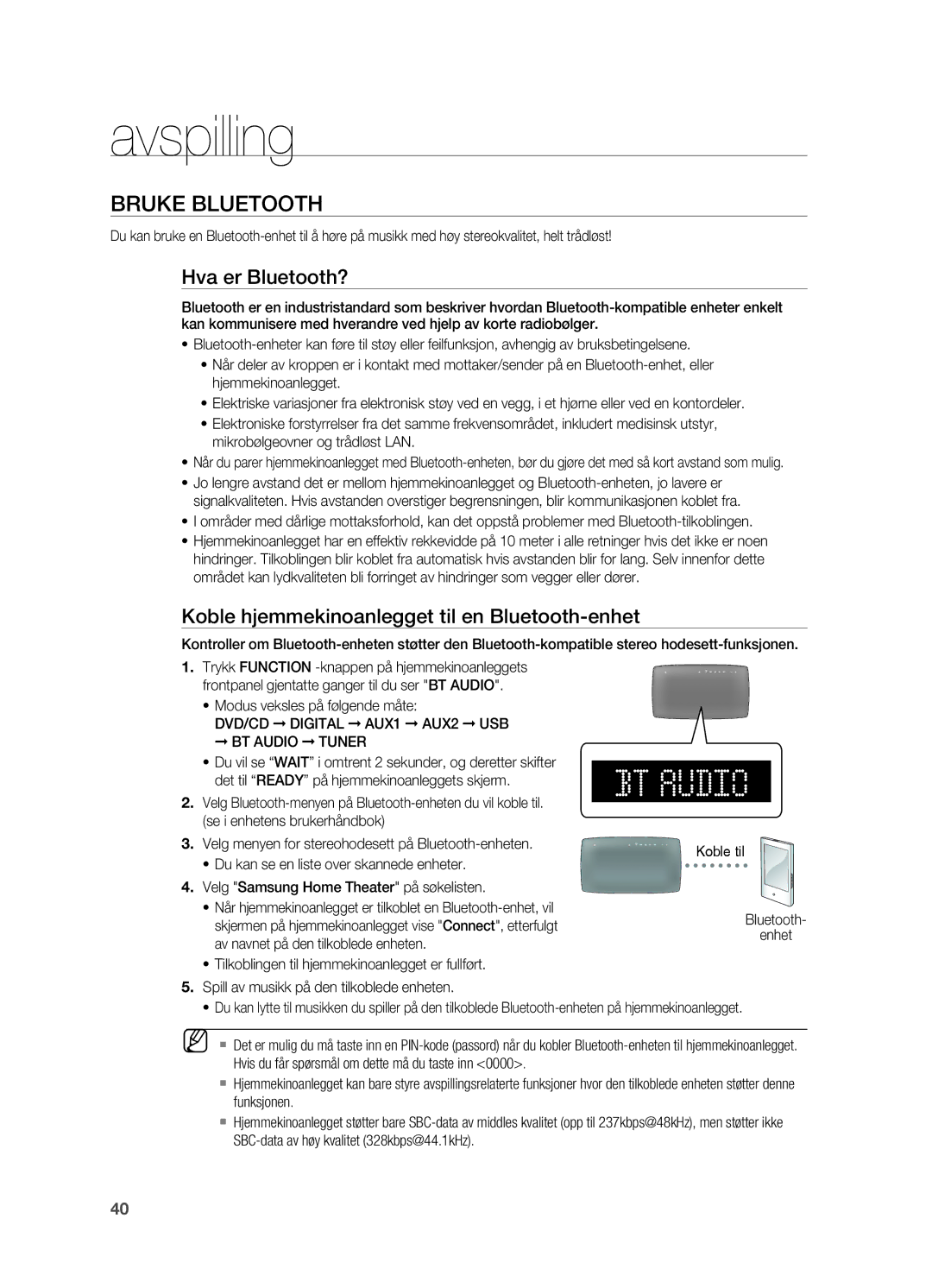 Samsung HT-TX725GT/XEE, HT-X725GT/XEE Bruke Bluetooth, Hva er Bluetooth?, Koble hjemmekinoanlegget til en Bluetooth-enhet 