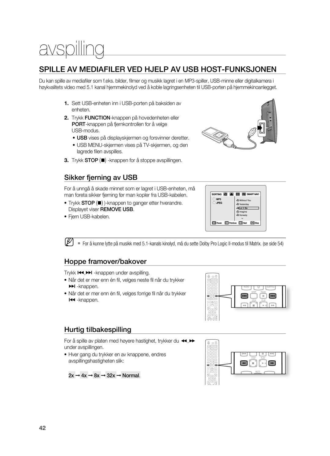 Samsung HT-TX725GT/XEE, HT-X725GT/XEE manual Spille AV MEDIAfILER VED Hjelp AV USB HOST-fUNKSJONEN, Sikker fjerning av USB 