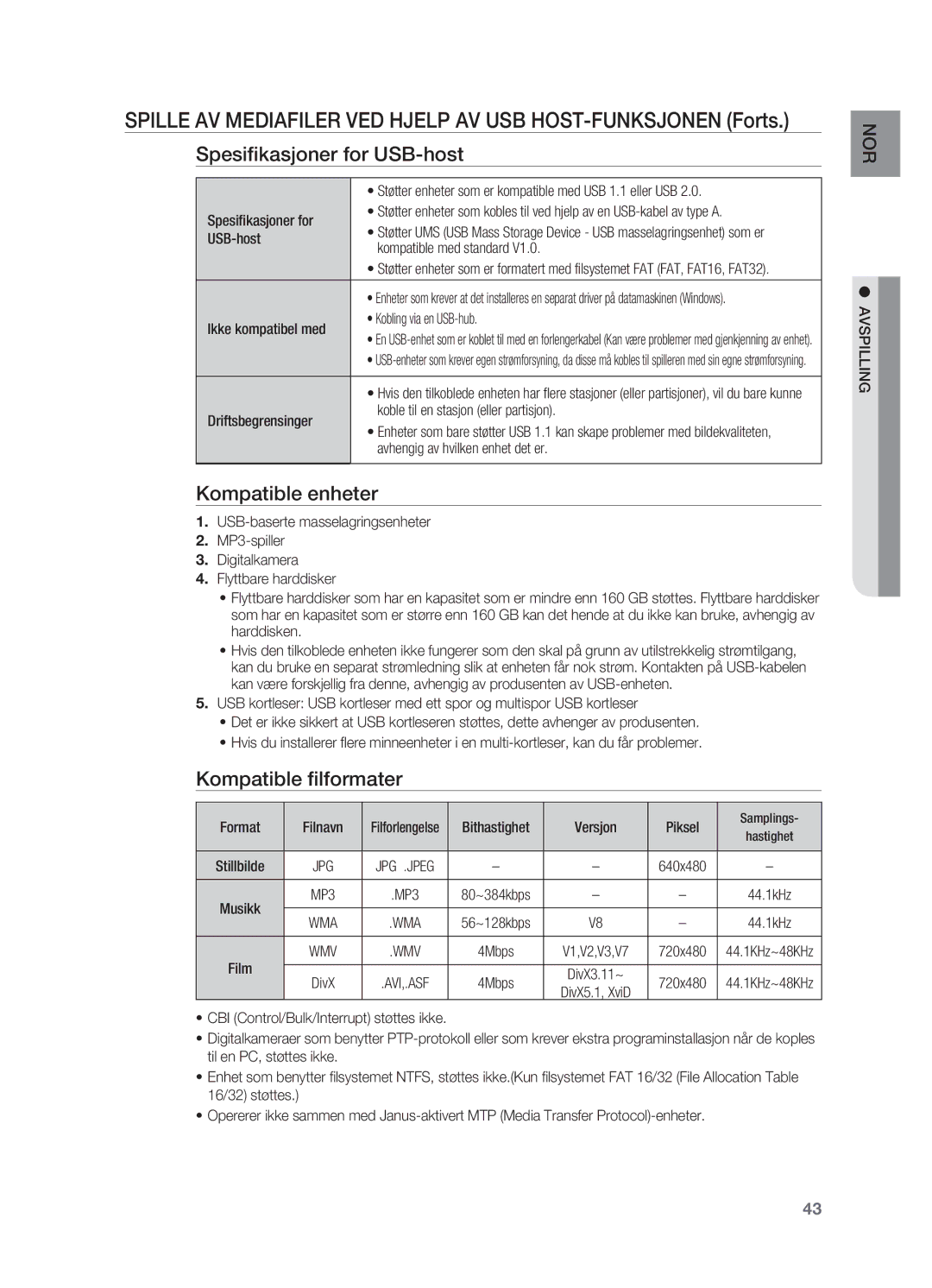 Samsung HT-X725GT/XEE manual Spille AV Mediafiler ved hjelp av USB HOST-funksjonen forts, Spesifikasjoner for USB-host 