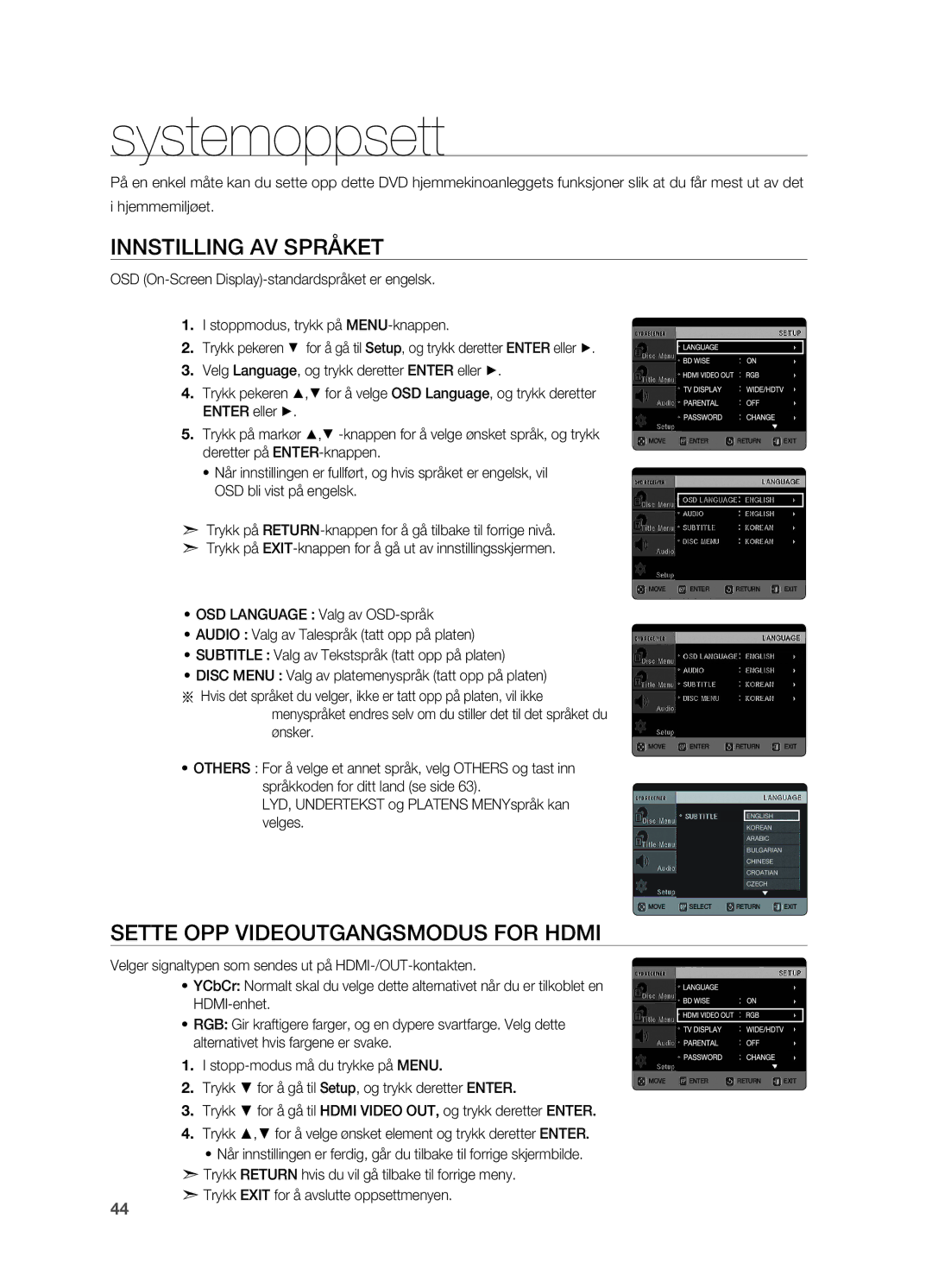 Samsung HT-TX725GT/XEE, HT-X725GT/XEE manual Systemoppsett, Innstilling av språket, Sette opp Videoutgangsmodus for Hdmi 