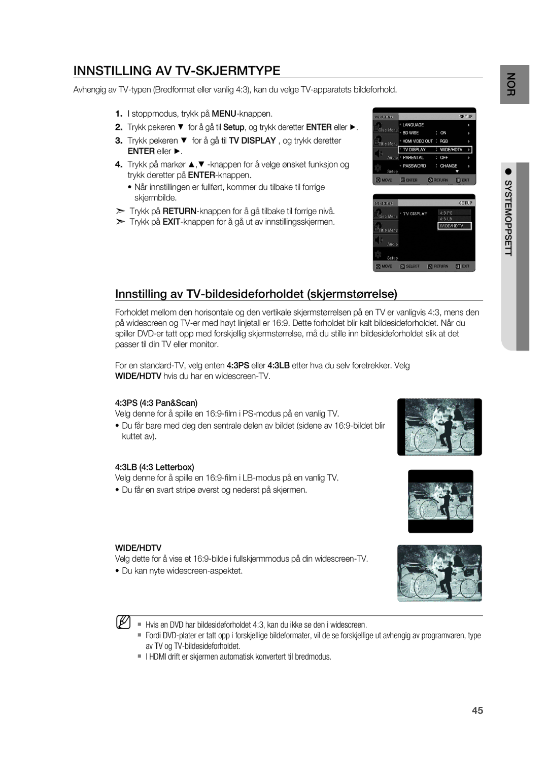 Samsung HT-X725GT/XEE Innstilling av TV-skjermtype, Innstilling av TV-bildesideforholdet skjermstørrelse, Systemoppsett 