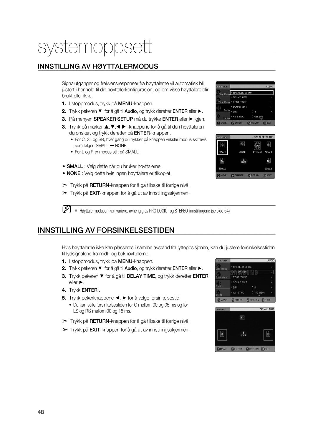 Samsung HT-TX725GT/XEE, HT-X725GT/XEE manual Innstilling av forsinkelsestiden, Innstilling av høyttalermodus 