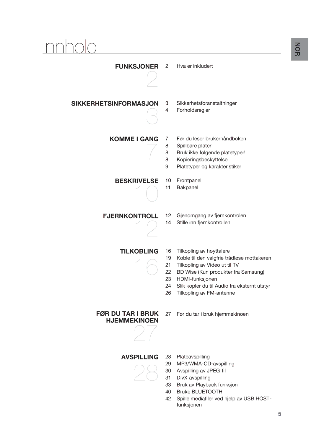 Samsung HT-X725GT/XEE, HT-TX725GT/XEE manual Innhold 