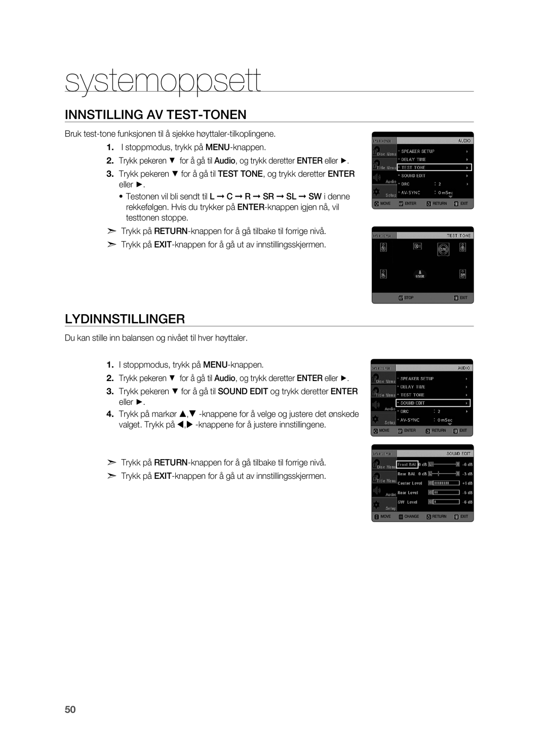 Samsung HT-TX725GT/XEE, HT-X725GT/XEE manual Innstilling av TEST-TONEN, Lydinnstillinger 