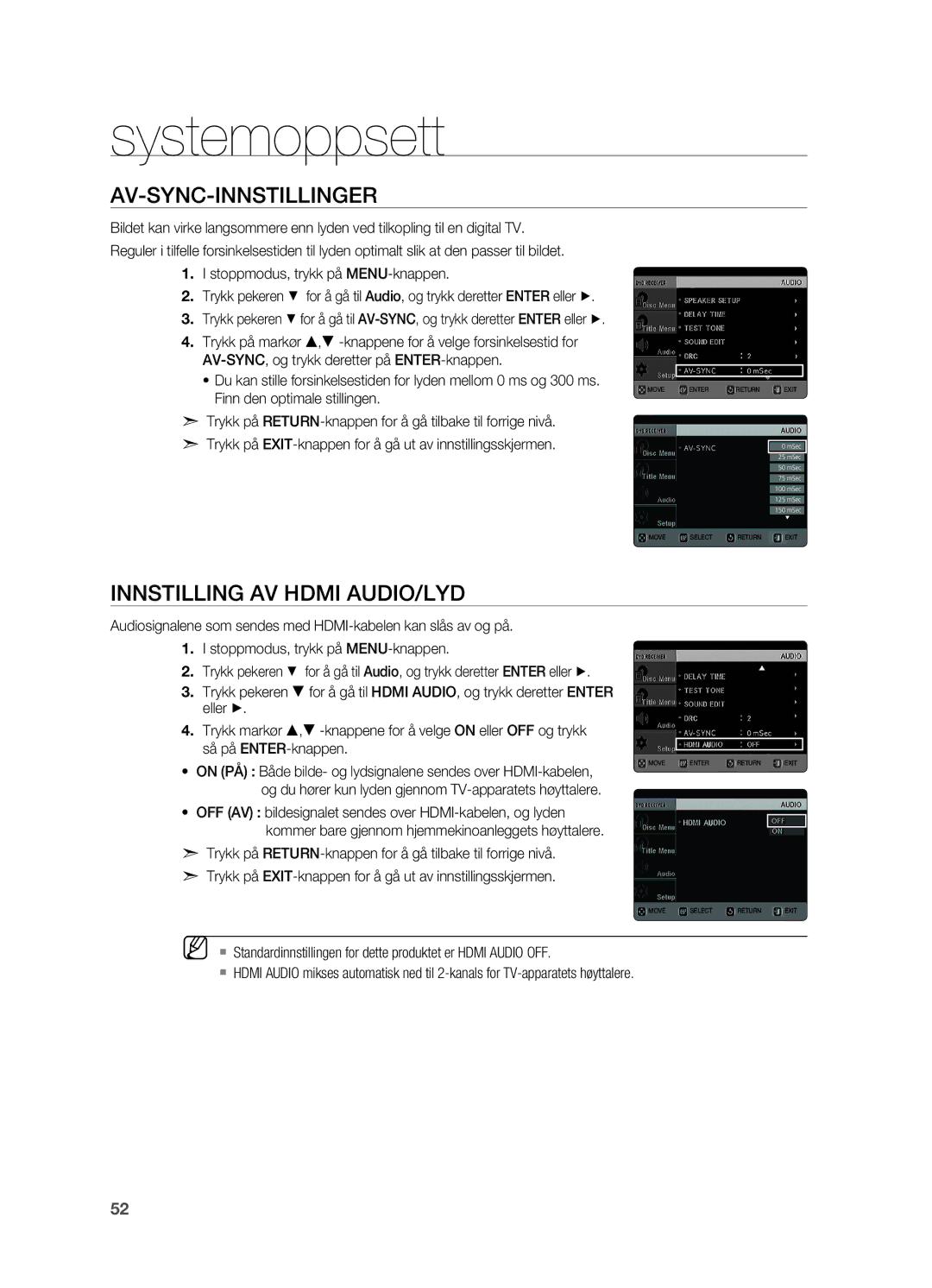 Samsung HT-TX725GT/XEE, HT-X725GT/XEE manual AV-SYNC-innstillinger, Innstilling av Hdmi Audio/Lyd 