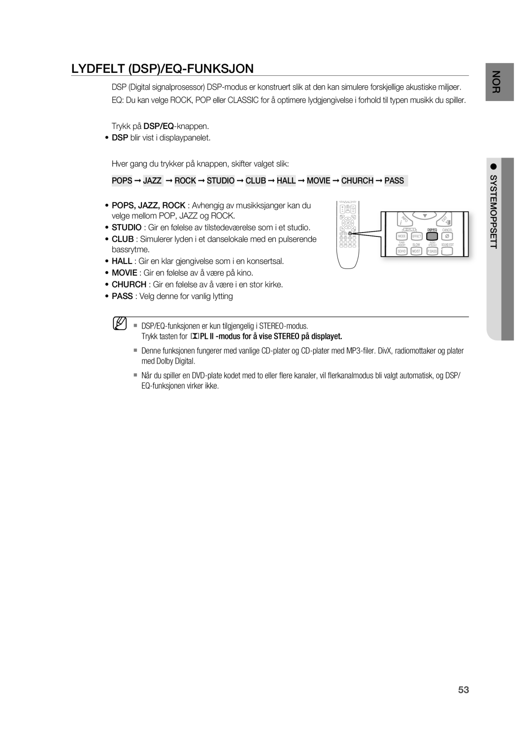 Samsung HT-X725GT/XEE, HT-TX725GT/XEE manual LYDfELT DSP/EQ-fUNKSJON, Pops Jazz Rock Studio Club Hall Movie Church Pass 