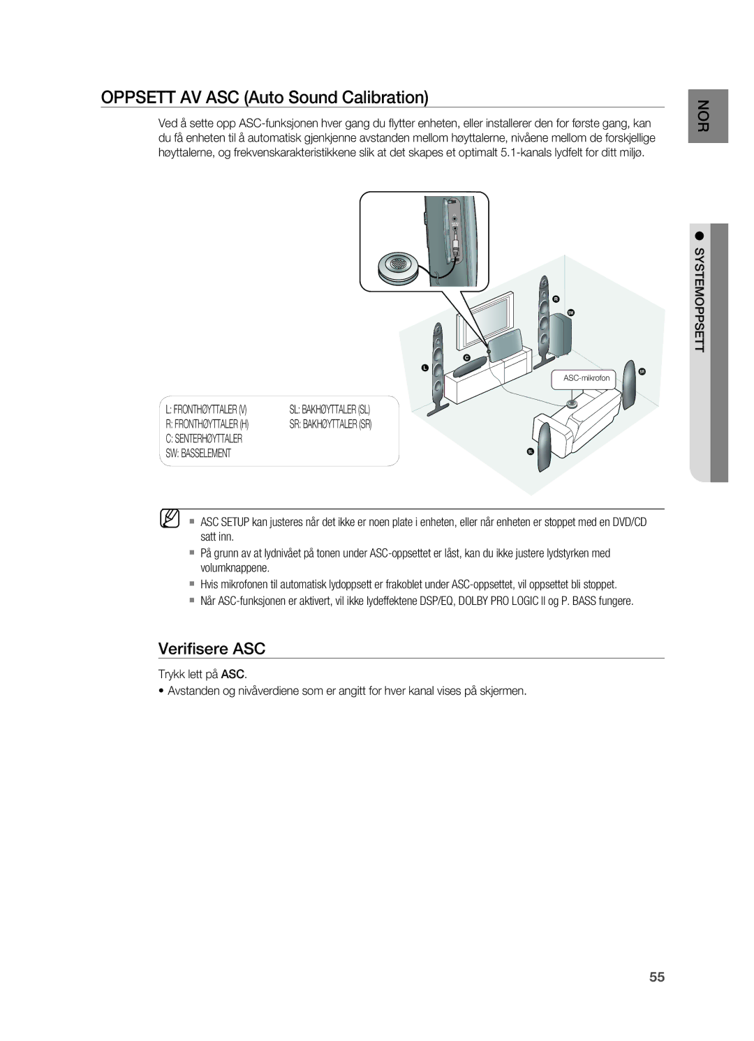 Samsung HT-X725GT/XEE manual Oppsett AV ASC Auto Sound Calibration, Verifi sere ASC, SL Bakhøyttaler SL, SR Bakhøyttaler SR 