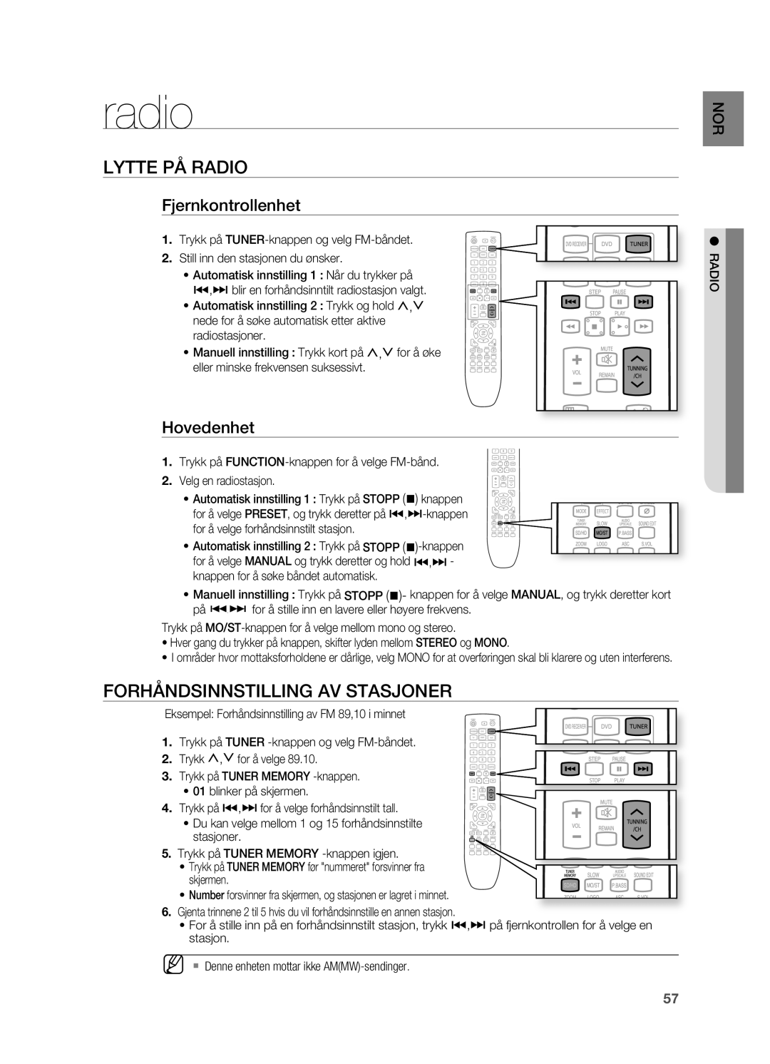 Samsung HT-X725GT/XEE, HT-TX725GT/XEE manual Radio, FORHÅNDSINNSTILLINg AV Stasjoner, Fjernkontrollenhet, Hovedenhet 