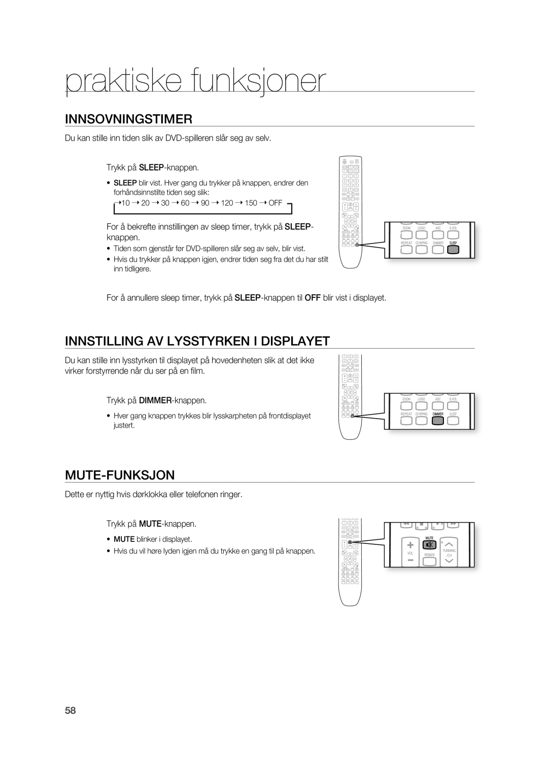 Samsung HT-TX725GT/XEE manual Praktiske funksjoner, INNSOVNINgSTIMER, INNSTILLINg AV Lysstyrken I Displayet, MUTE-fUNKSJON 