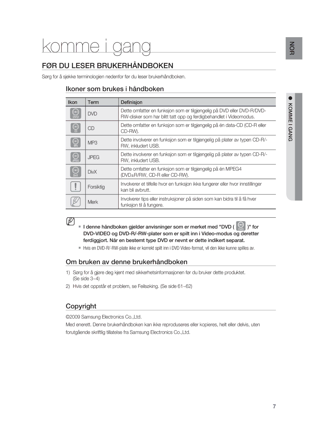 Samsung HT-X725GT/XEE, HT-TX725GT/XEE Komme i gang, Før du leser brukerhåndboken, Ikoner som brukes i håndboken, Copyright 