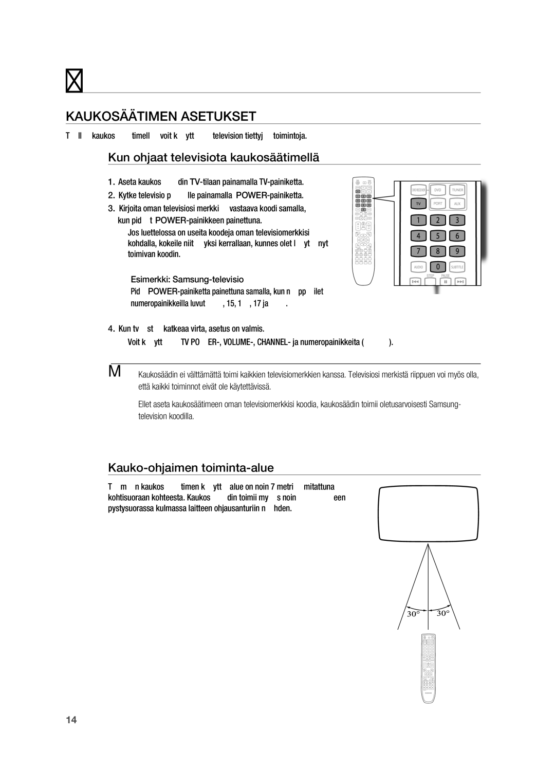 Samsung HT-TX725GT/XEE manual KAUKoSÄÄTIMEN Asetukset, Kun ohjaat televisiota kaukosäätimellä, Kauko-ohjaimen toiminta-alue 