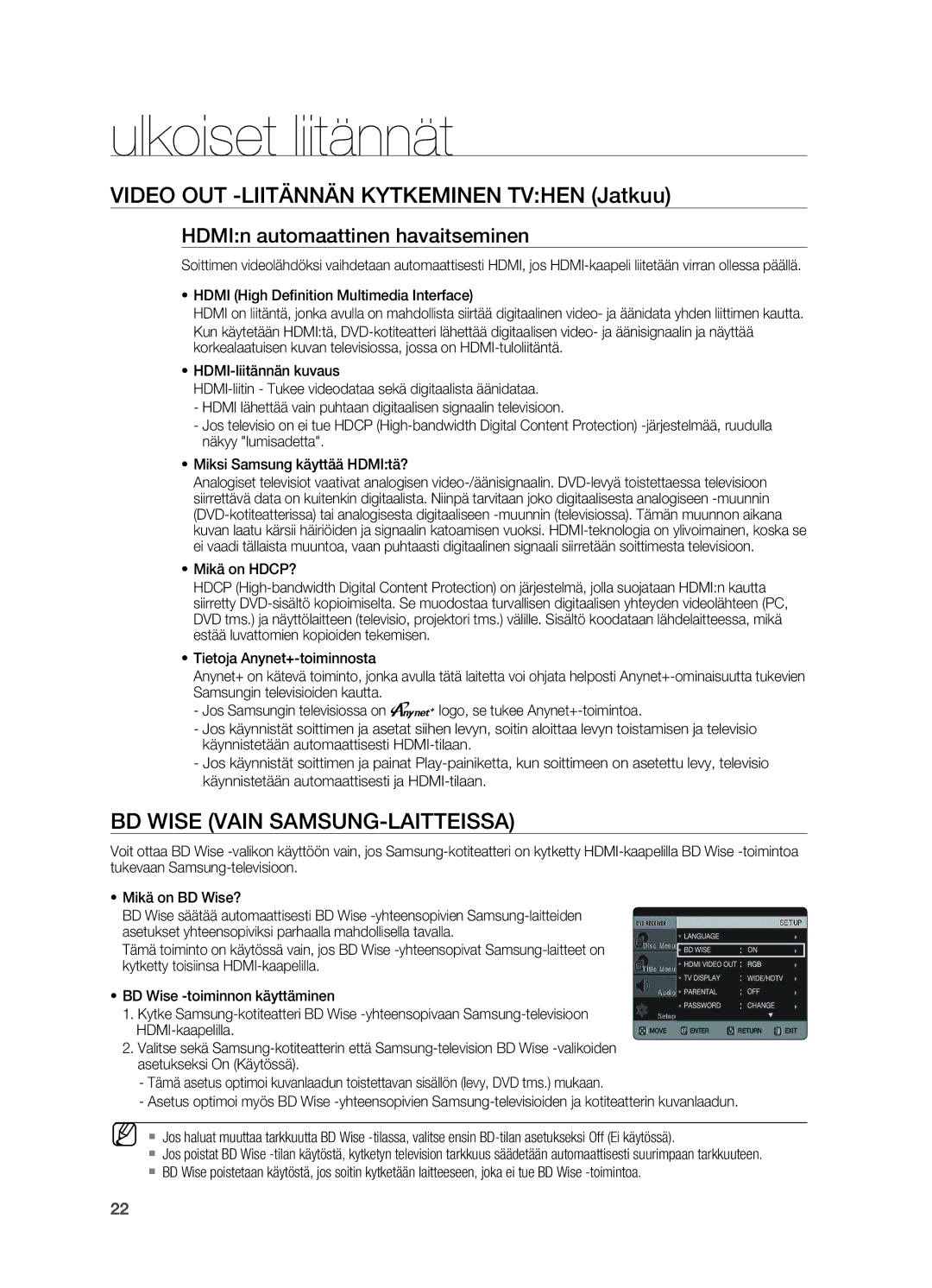 Samsung HT-TX725GT/XEE Video Out -liitännän kytkeminen TVhen Jatkuu, BD Wise vain Samsung-laitteissa, HDMI-kaapelilla 