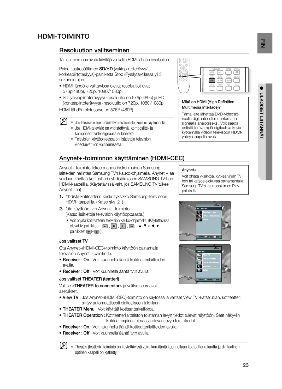 Samsung HT-X725GT/XEE HDMI-ToIMINTo, Resoluution valitseminen, Anynet+-toiminnon käyttäminen HDMI-CEC, ULKoISET Liitännät 