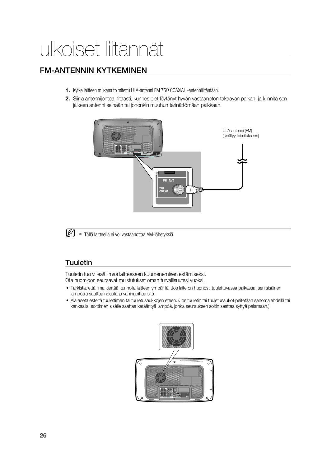 Samsung HT-TX725GT/XEE, HT-X725GT/XEE manual Tuuletin, ` Tällä laitteella ei voi vastaanottaa AM-lähetyksiä 