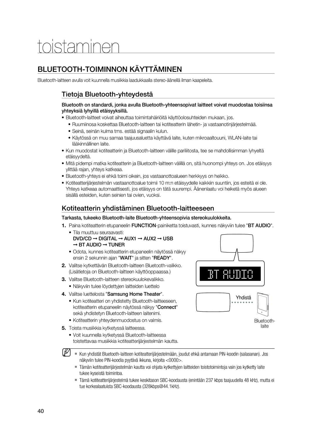 Samsung HT-TX725GT/XEE, HT-X725GT/XEE manual BLUETOOTH-toiminnon käyttäminen, Tietoja Bluetooth-yhteydestä 