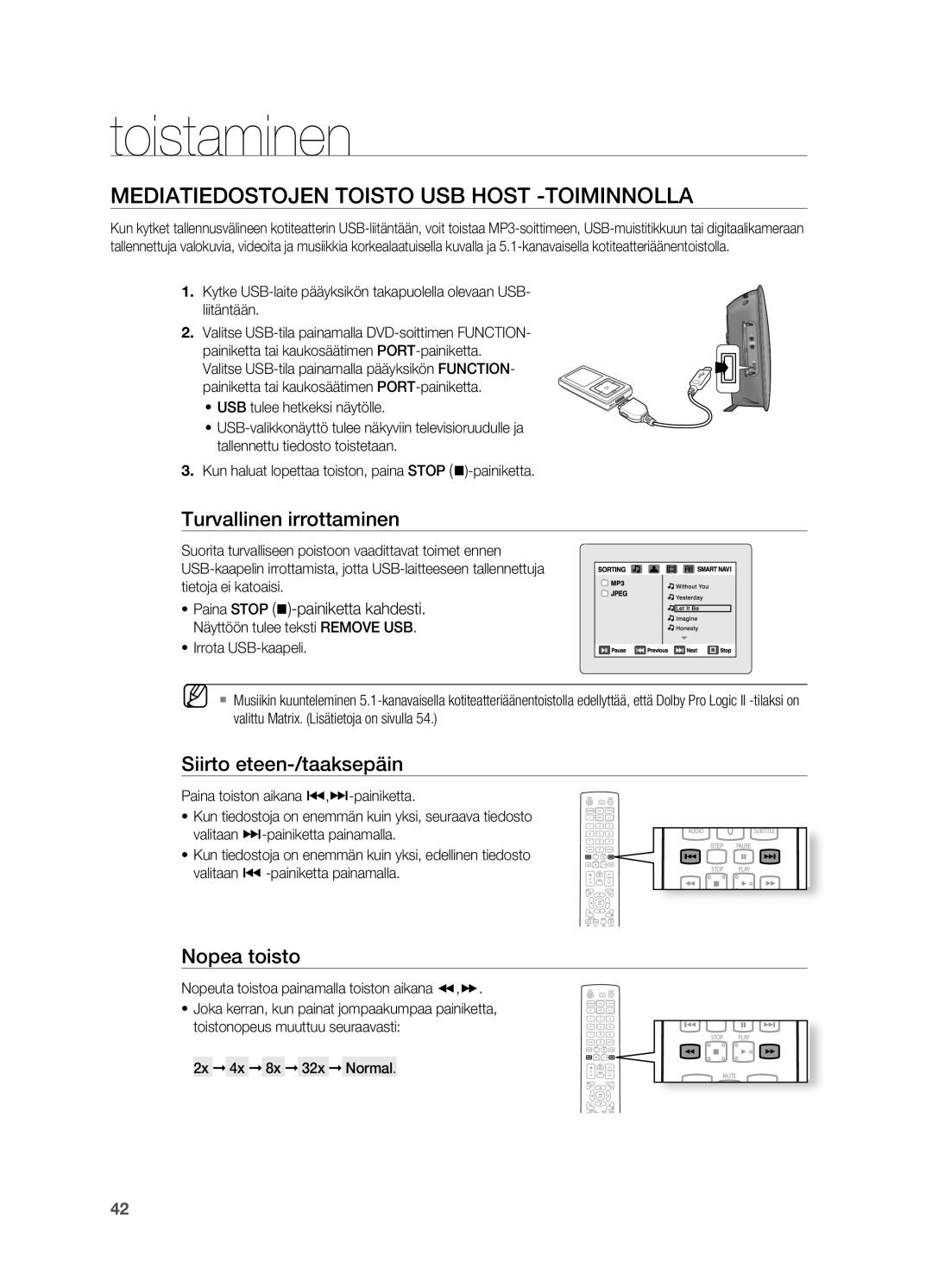 Samsung HT-TX725GT/XEE MEDIATIEDoSTojEN ToISTo USB HoST -ToIMINNoLLA, Turvallinen irrottaminen, Siirto eteen-/taaksepäin 