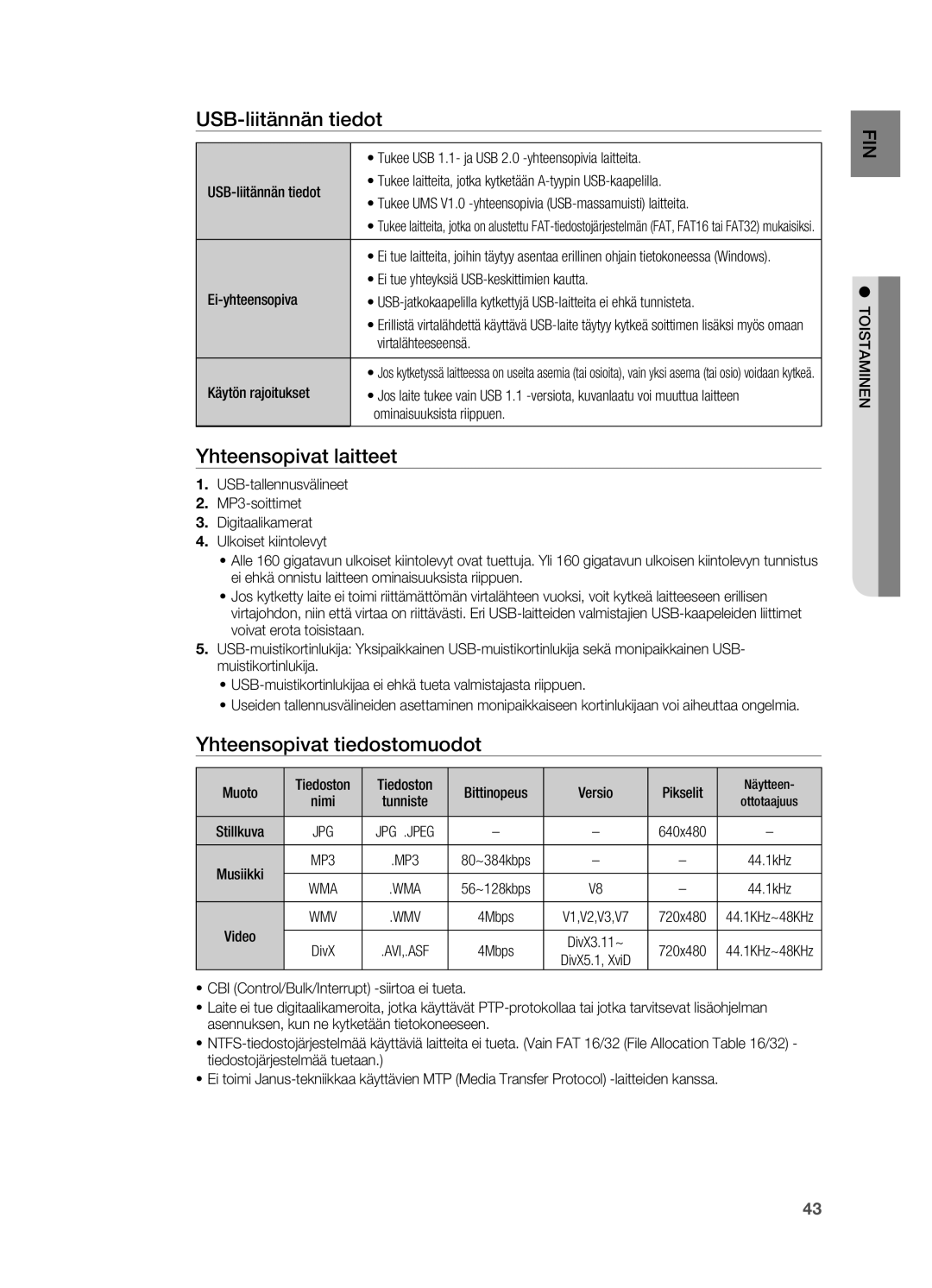 Samsung HT-X725GT/XEE, HT-TX725GT/XEE manual USB-liitännän tiedot, Yhteensopivat laitteet, Yhteensopivat tiedostomuodot 