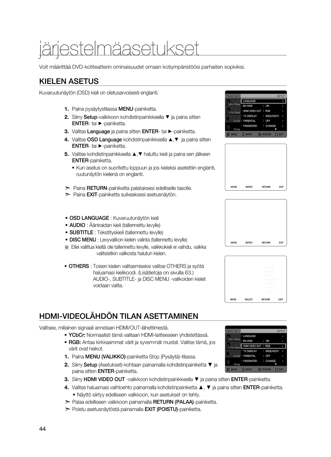 Samsung HT-TX725GT/XEE, HT-X725GT/XEE manual Järjestelmäasetukset, Kielen asetus, HDMI-videolähdön tilan asettaminen 