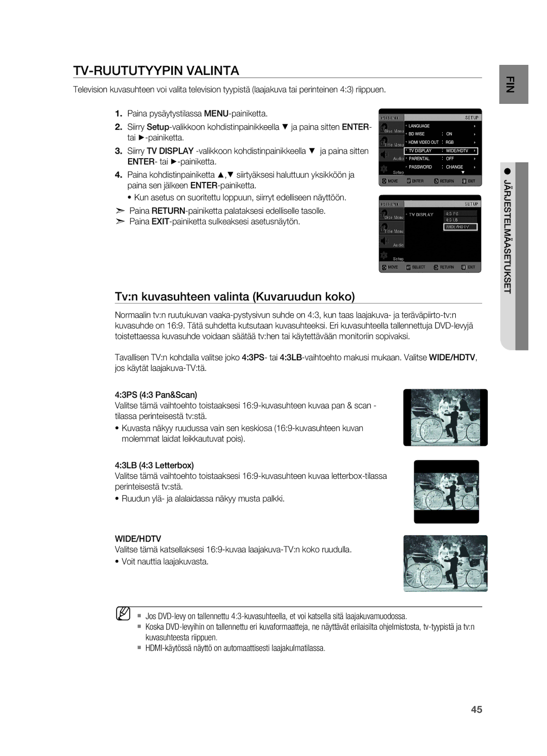 Samsung HT-X725GT/XEE Tv-ruututyypin valinta, Tvn kuvasuhteen valinta Kuvaruudun koko, Wide/Hdtv, Järestelmäasetukset 