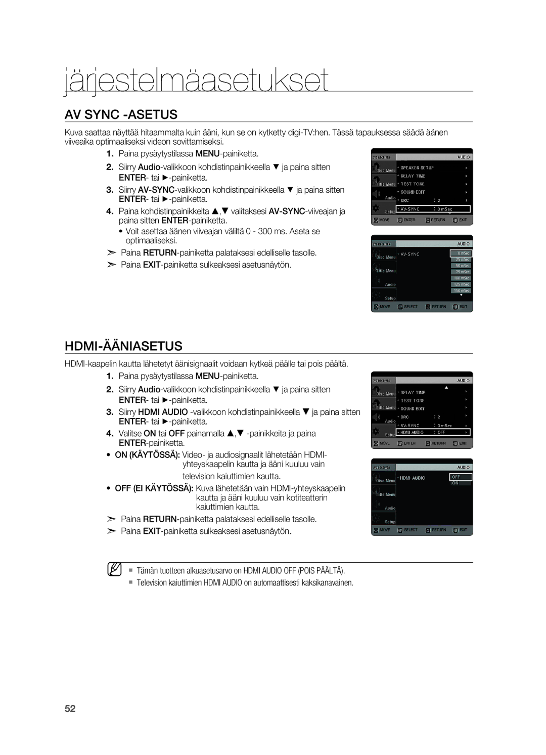 Samsung HT-TX725GT/XEE AV Sync -asetus, HDMI-ääniasetus, Paina sitten ENTER-painiketta, Television kaiuttimien kautta 