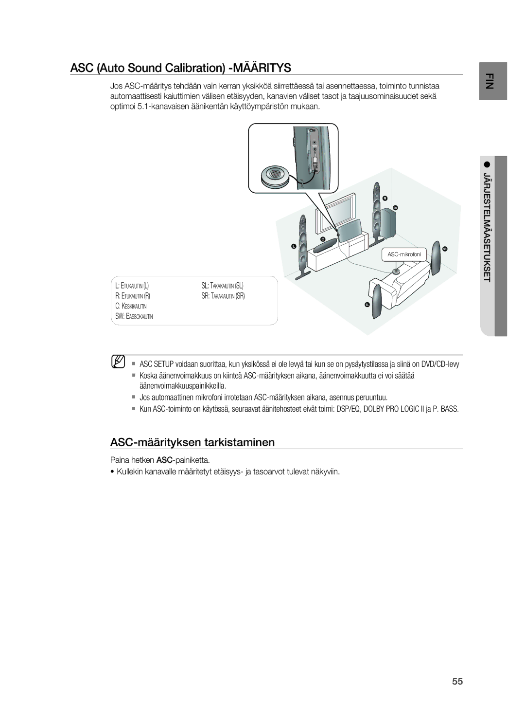 Samsung HT-X725GT/XEE, HT-TX725GT/XEE manual ASC Auto Sound Calibration -MÄÄRITYS, ASC-määrityksen tarkistaminen 