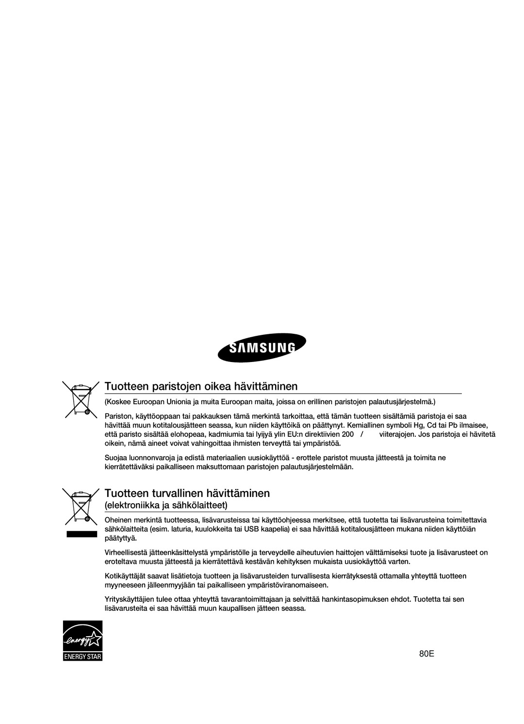 Samsung HT-TX725GT/XEE Tuotteen paristojen oikea hävittäminen, Tuotteen turvallinen hävittäminen, Code No. AH68-02180E 