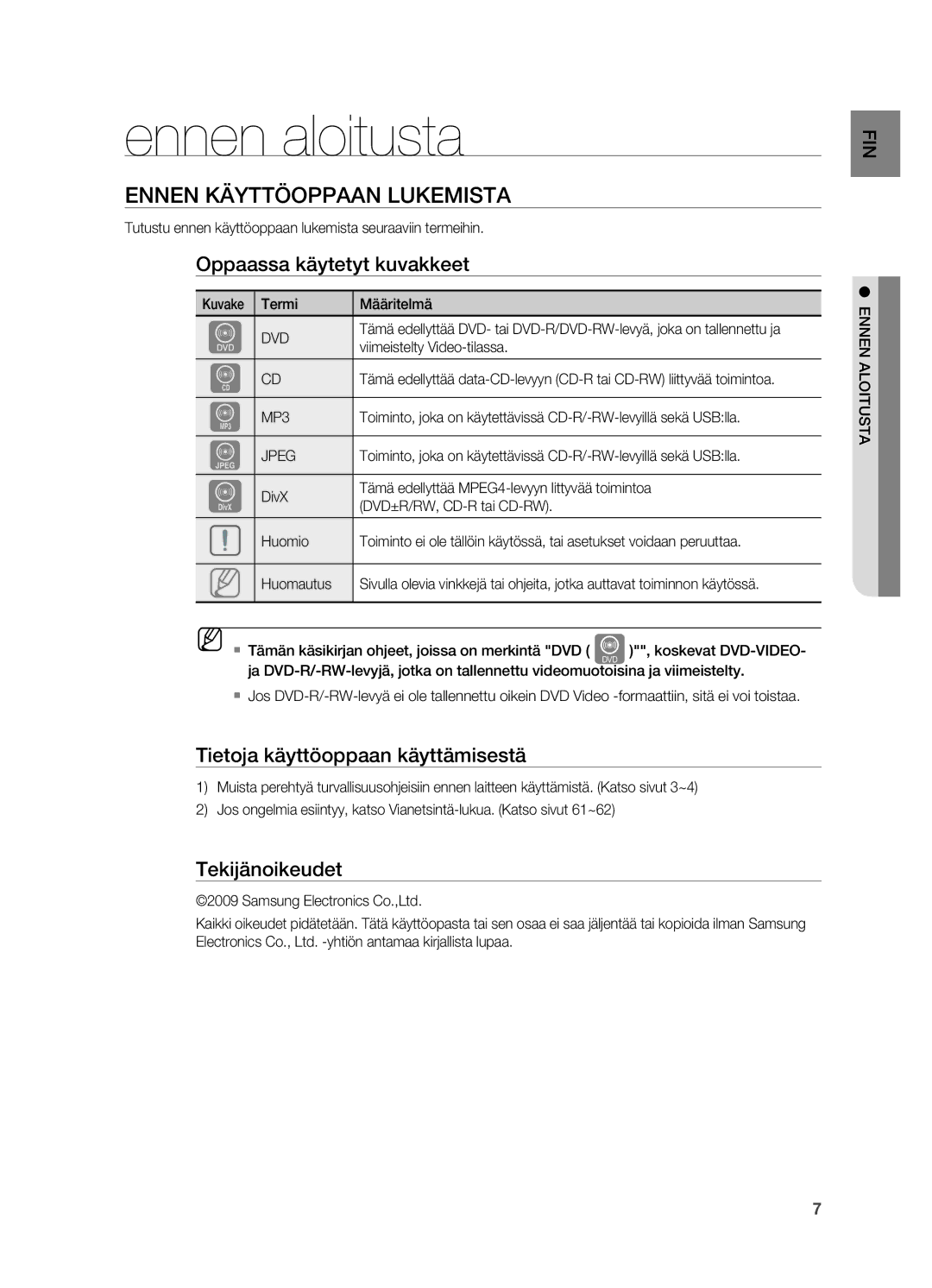 Samsung HT-X725GT/XEE manual Ennen aloitusta, Ennen käyttöoppaan lukemista, Oppaassa käytetyt kuvakkeet, Tekijänoikeudet 