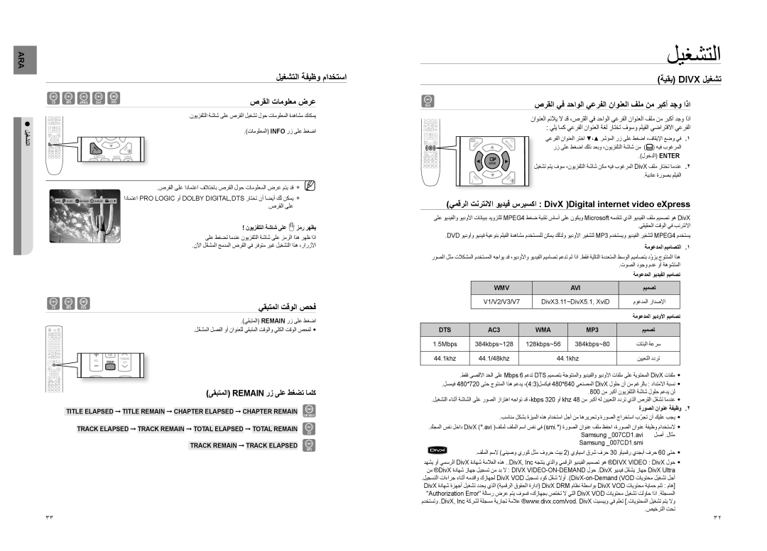 Samsung HT-TX725T/FMC, HT-TX725T/HAC, HT-TX725T/MEA, HT-TX725T/UMG, HT-X725T/MEA manual ليغشتلا ةفيظو مادختسا, ةيقب DivX ليغشت 