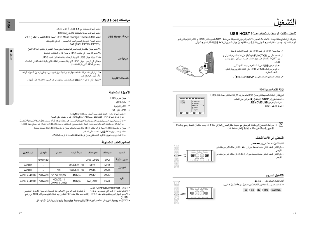 Samsung HT-TX725T/FMC, HT-TX725T/HAC manual USB Host ةزيمم مادختساب طسولا تافلم ليغشت, USB Host تافصاوم, ةقواستملا ةزهجلأا 