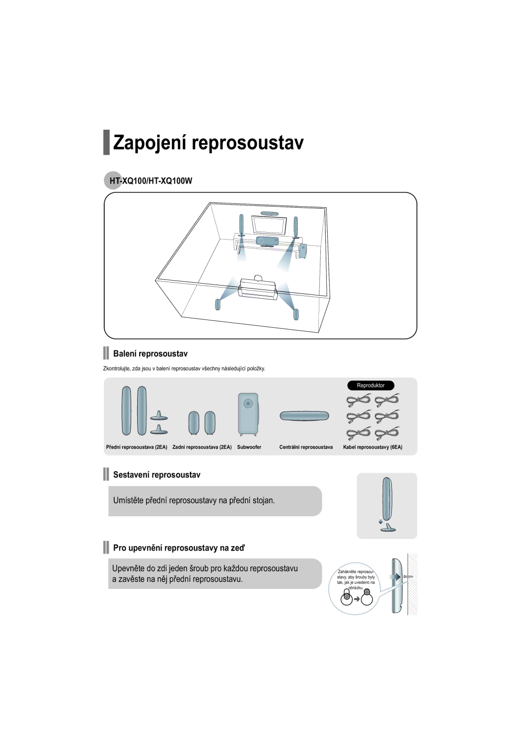 Samsung HT-TXQ100R/ELS manual Zapojení reprosoustav, HT-XQ100/HT-XQ100W Balení reprosoustav, Sestavení reprosoustav 