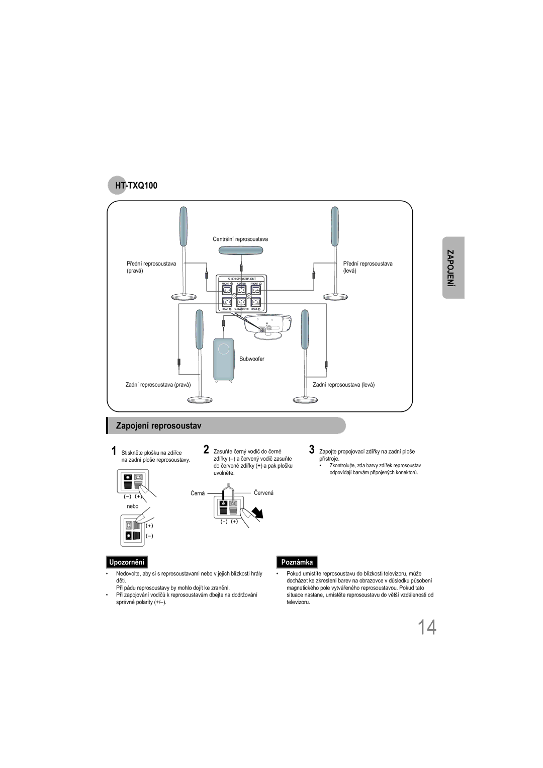 Samsung HT-TXQ100R/ELS manual Centrální reprosoustava, Přední reprosoustava, Pravá Levá Subwoofer Zadní reprosoustava pravá 