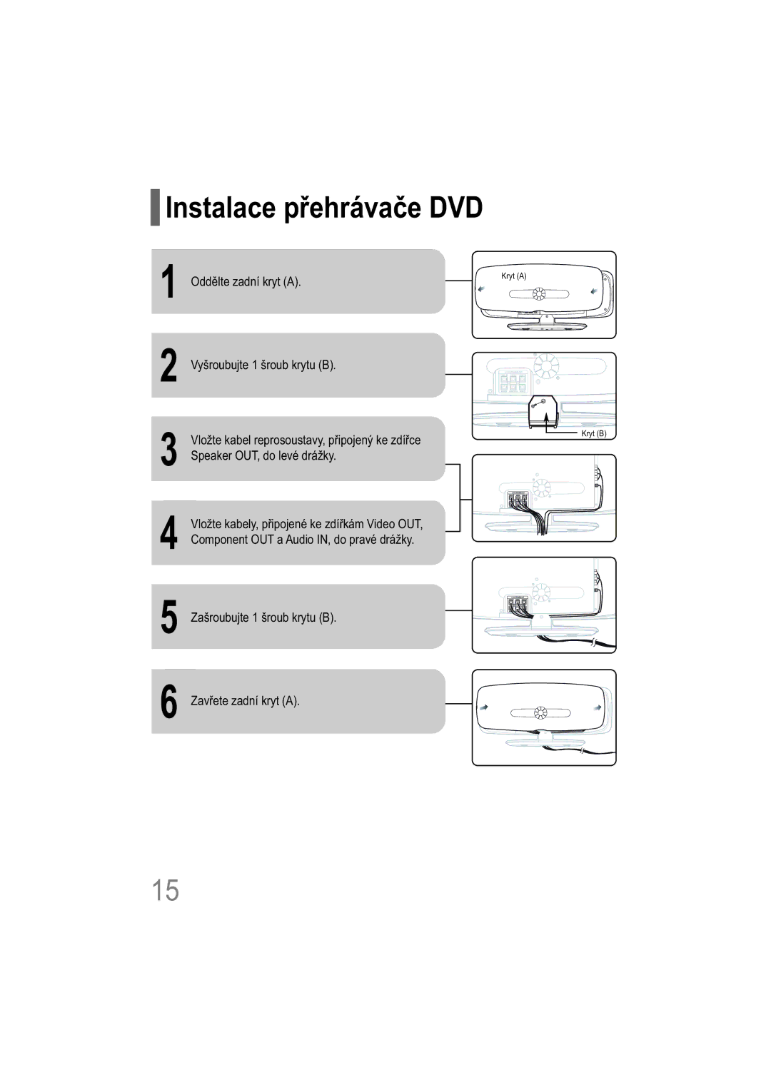 Samsung HT-XQ100WR/ELS manual Instalace přehrávače DVD, Zašroubujte 1 šroub krytu B Zavřete zadní kryt a, Kryt a Kryt B 