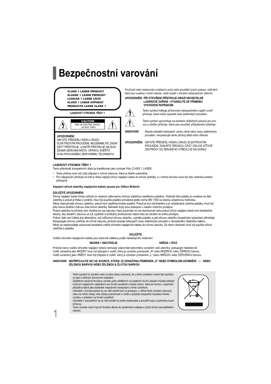 Samsung HT-XQ100T/XEH, HT-TXQ100R/ELS, HT-XQ100WR/ELS manual Bezpečnostní varování, Upozornění 